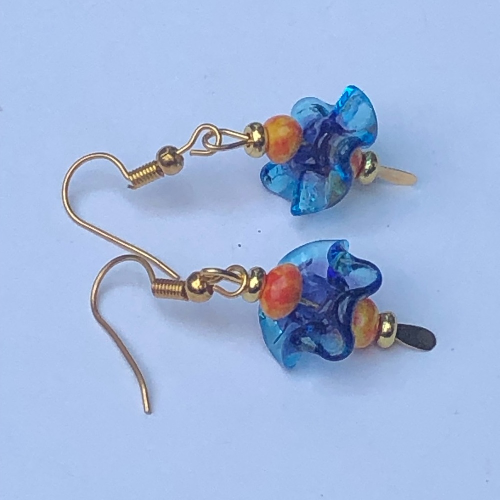 Orange Glass Bead Earrings with Blue Glass Ruffle